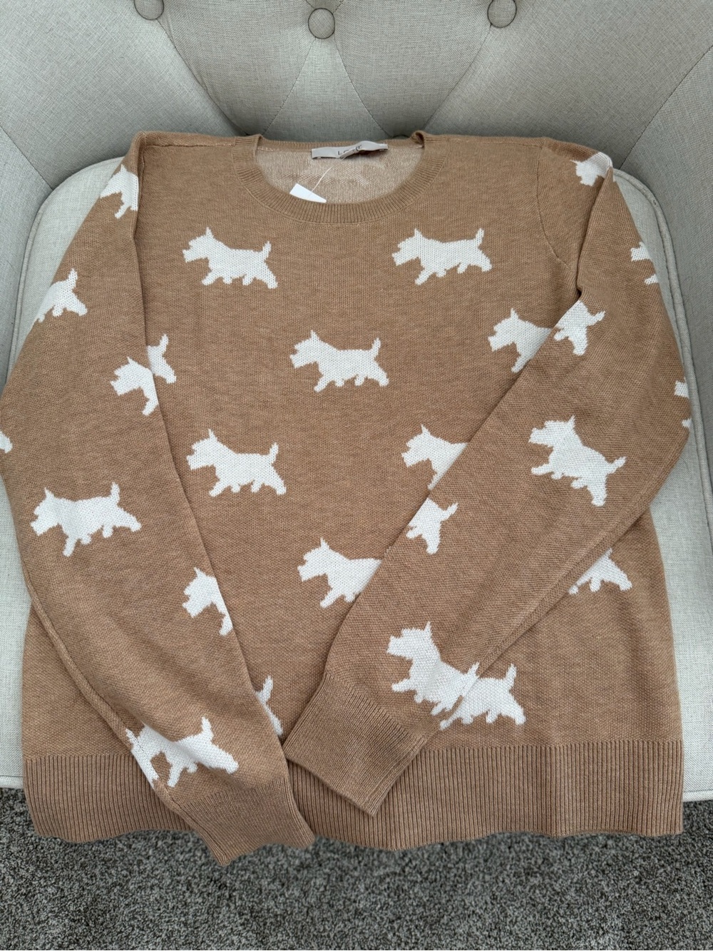 LOFT Camel and White Dog-Print Crewneck Sweater